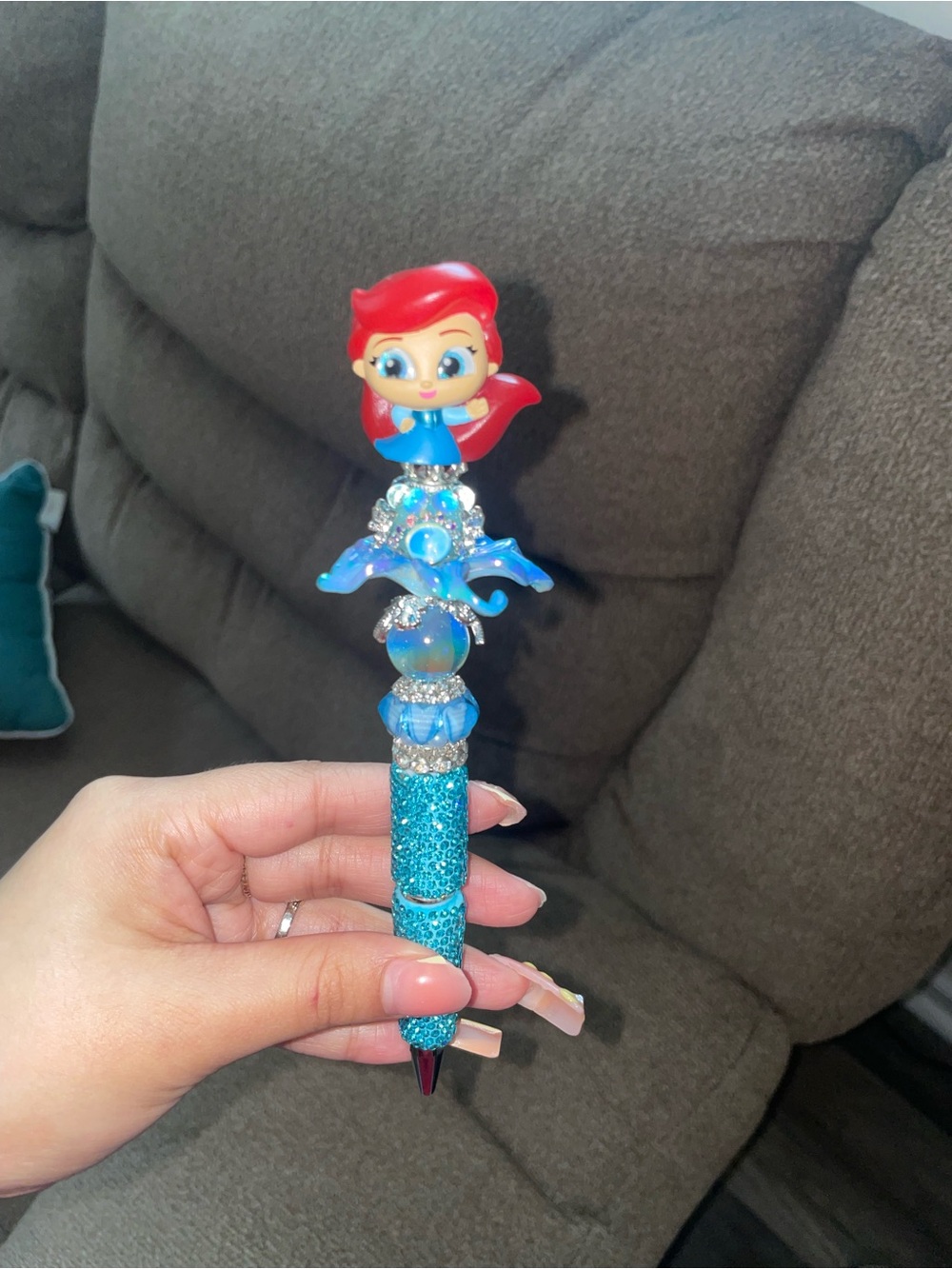 Blue Glitter Mermaid Pen with Red-Haired Mermaid Topper